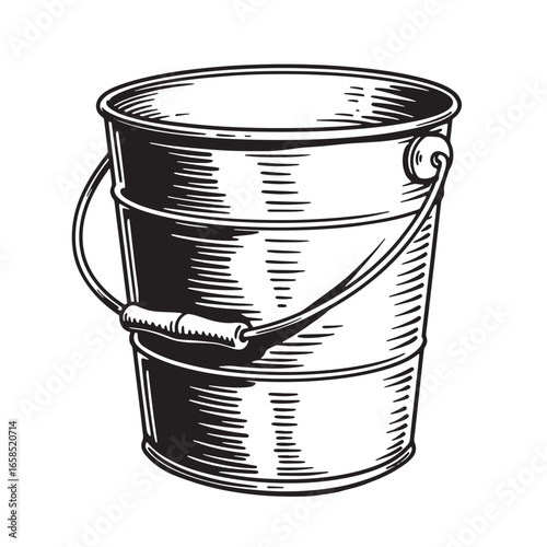Detailed black and white illustration of a classic metal bucket with handle isolated