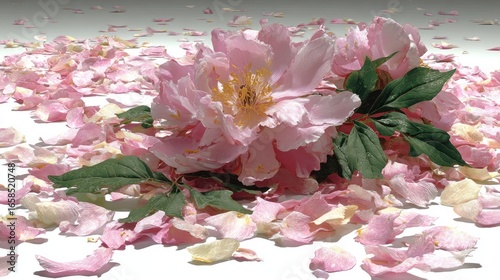 Pink peony blooms amid fallen petals, with green leaves on a white surface