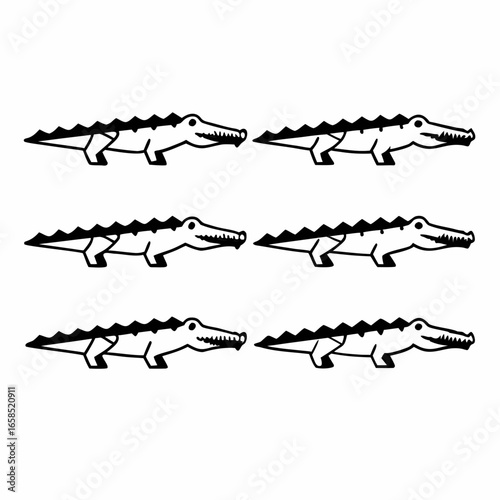 Geometric crocodile isolated on white background, a collection of stylized crocodile illustrations in black and white
