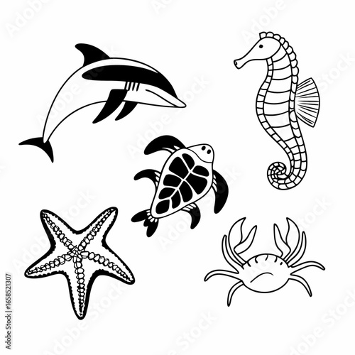 Marine life illustration featuring a dolphin, turtle, seahorse, starfish, and crab isolated on white background