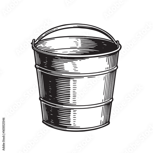 Detailed hand drawn black and white illustration of a metal bucket with a handle