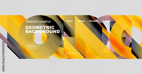 Abstract geometric banner design. Yellow, purple, gray layers create dynamic composition. Text highlights portfolio website elements.