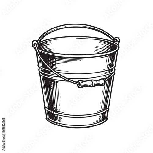 Detailed hand drawn vintage bucket with handle isolated on a pure white background