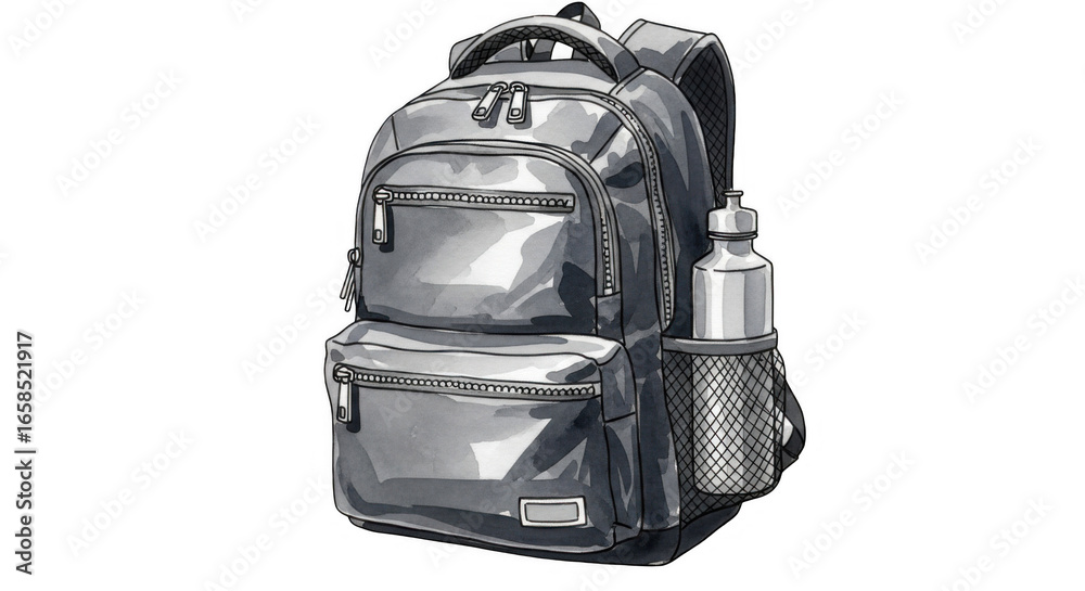 Naklejka premium Modern charcoal backpack illustration with zippers and a water bottle design