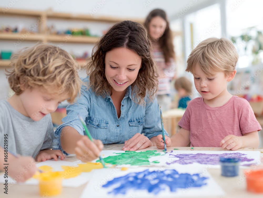 Fototapeta premium Woman is painting with three children.