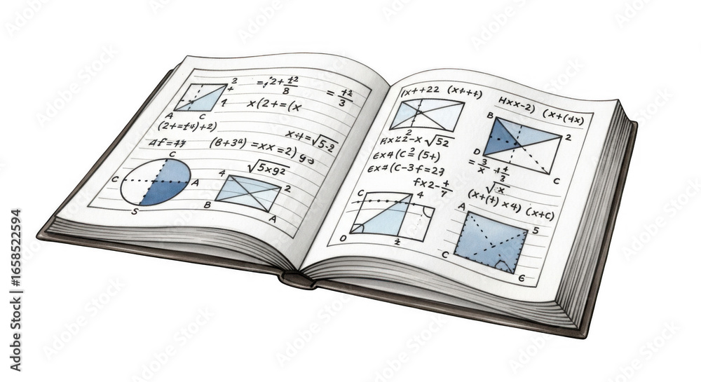 Geometry explorations: An opened book reveals mathematical formulas and figures Geometry explorations: An opened book reveals mathematical formulas and figures