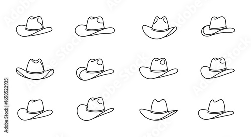 A collection of various cowboy hats in different orientations and styles