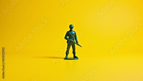 Plastic toy soldier isolated, miniature figure play object, colorful children accessory collection, yellow background strong mockup, playful childhood product resource, styled graphic design asset, cr