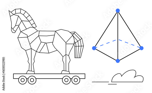 Geometric Trojan horse on wheels next to a pyramid diagram with dots and dashed lines. Ideal for strategy, engineering, data analysis, gaming, mythology, innovation, and technology. Simple flat