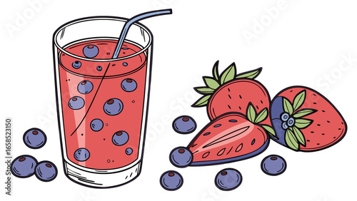  Berry Smoothie Glass with Fresh Blueberries and Strawberries