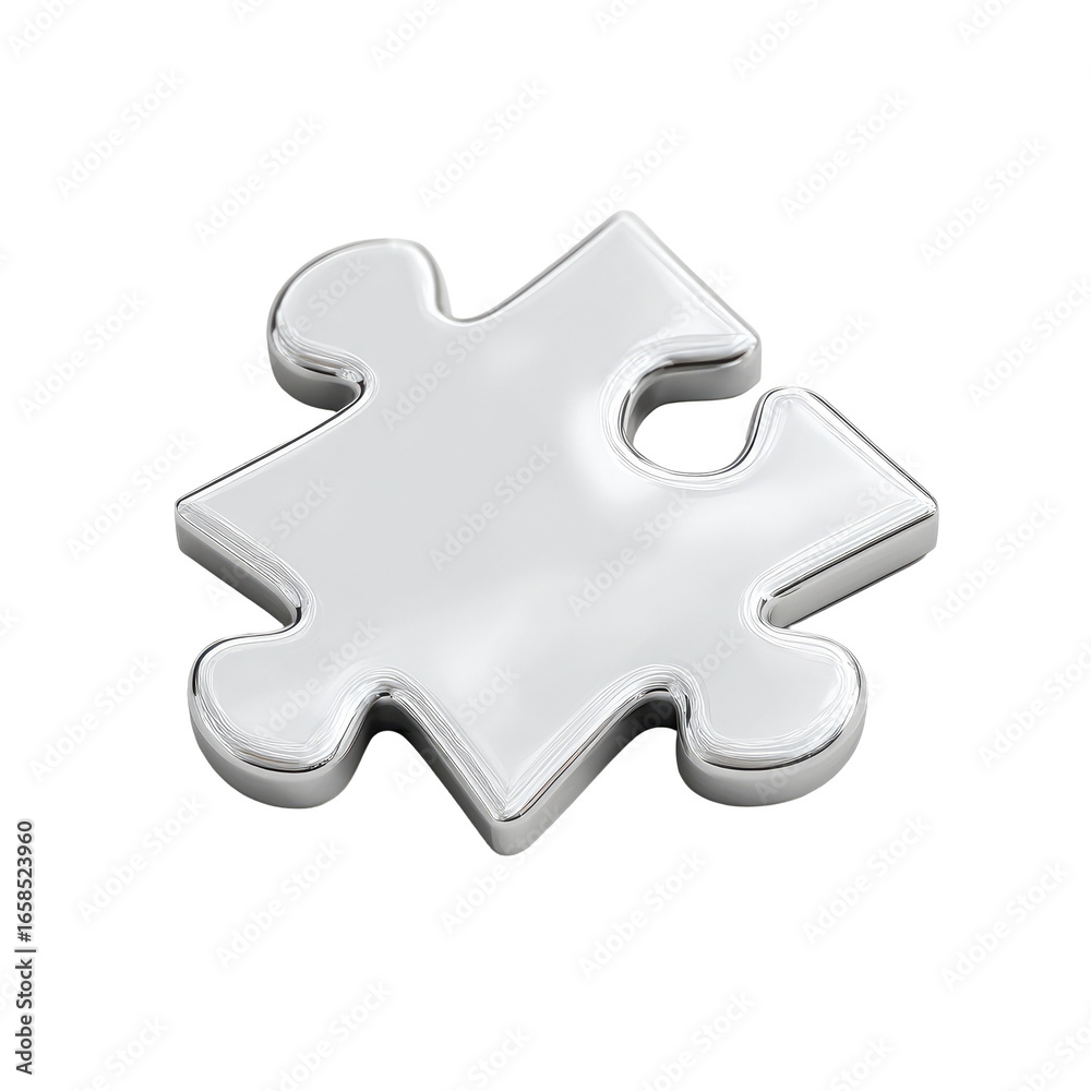Obraz premium A single, metallic silver jigsaw puzzle piece, 3D rendered, isolated against black. A glossy, reflective surface shows a simple, geometric shape