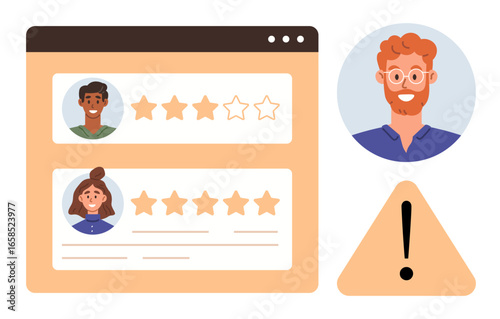 User profiles with star ratings displayed on a webpage, alongside a warning icon and individual portrait. Ideal for customer reviews, feedback systems, user experience, rating analysis, online