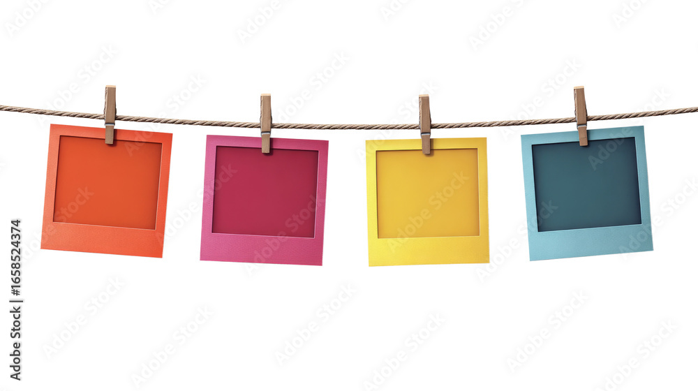 Four Instant Photo Frames Hanging on Rope isolated on transparent background Remove png, Clipping Path, pen tool Four Instant Photo Frames Hanging on Rope isolated on transparent background Remove png, Clipping Path, pen tool