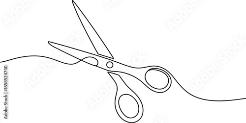 Minimalist single line drawing of open scissors cutting a thread
