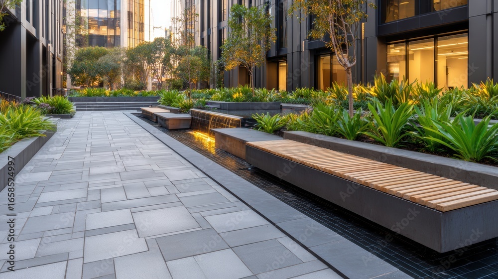 Serene urban courtyard with modern benches and lush greenery, featuring a tranquil water feature amidst buildings