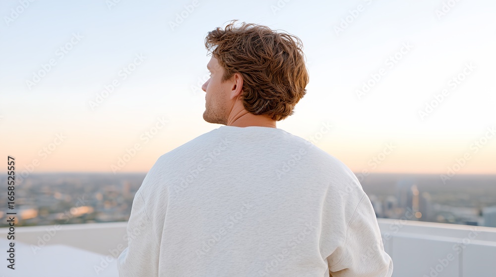 Fototapeta premium Man wearing a white shirt is standing on a rooftop.