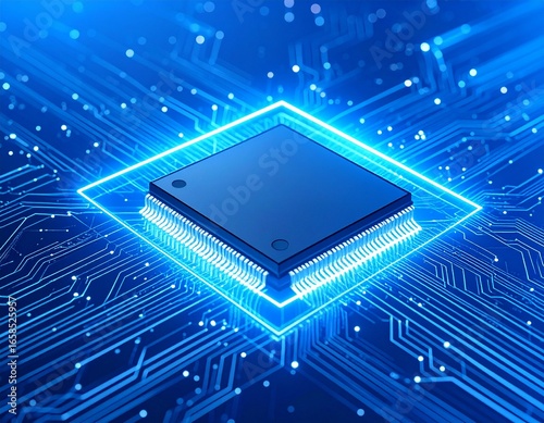 Devre kartı teknolojisi arka planında altıgen neon ışıklı HUD çerçevesindeki dijital yapay zeka kuantum çipi. Fütüristik yapay zeka yarı iletken konsepti. Yıldırımlı soyut yapay

