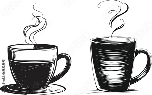 Black and white hand-drawn coffee mug with steam vector, minimal doodle ink line art, bold smooth strokes, cozy winter silhouette, high-quality professional vector illustration