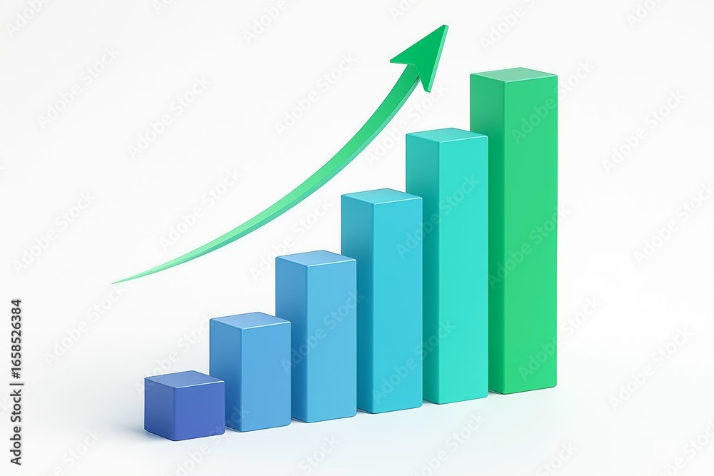 Green arrow curving upwards over a rising bar chart showing financial growth and success Green arrow curving upwards over a rising bar chart showing financial growth and success