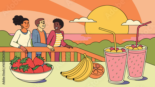  Friends Celebrating Sunset with Fresh Smoothies and Fruits – vibrant lifestyle stock image