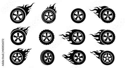 Black and white set of various tire and wheel icons with flames