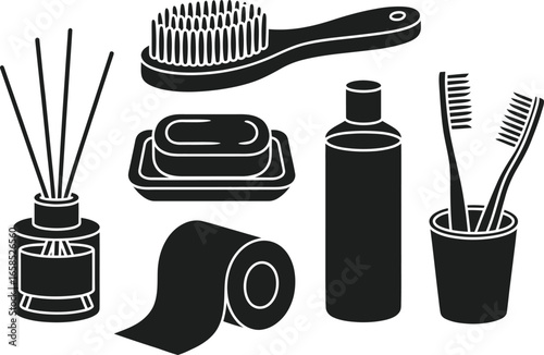 Collection of bathroom hygiene and personal care items in silhouette