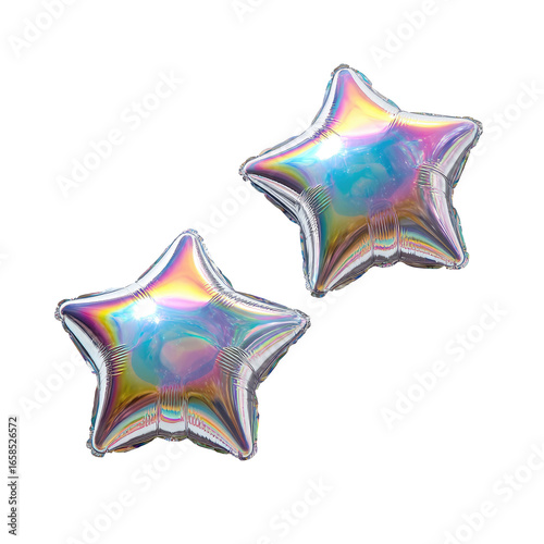 Two iridescent star-shaped balloons against a black background