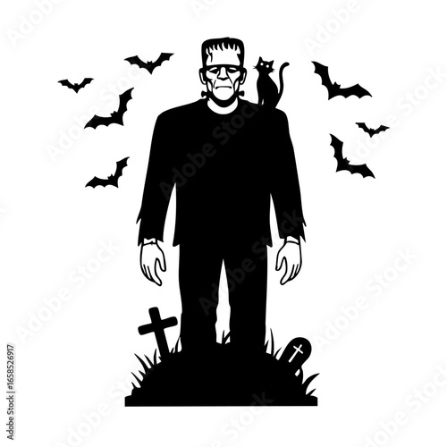 Black and white illustration of Frankenstein in cemetery with cat and bat