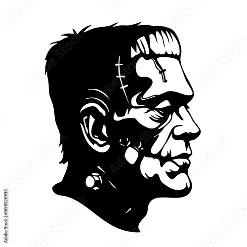 Frankenstein monster head, black and white vector illustration