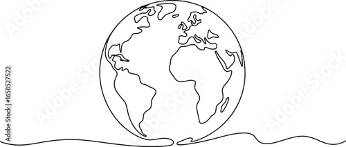 Minimalist continuous line drawing of planet earth on a wavy line