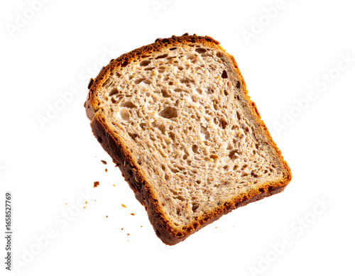 A brown multigrain bread slice in the air isolated on a transparent background.