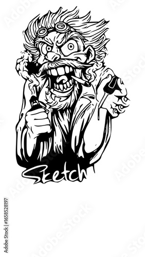 Crazy scientist with goggles isolated on white