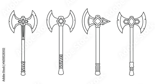 Four different fantasy battle axes with unique designs and handles