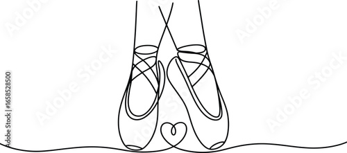 Elegant ballet pointe shoes drawn in continuous line art forming a heart shape