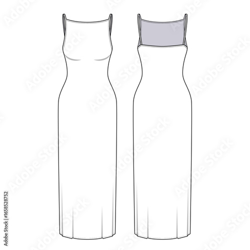 Women's Spaghetti Strap Maxi Slip Dress Flat Sketch-Front and Back View- Fashion Flat- Vector Illustration- CAD Mock-up