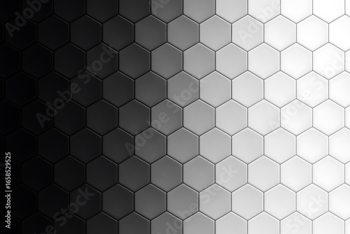 Grayscale hexagonal gradient background with 3d geometric honeycomb pattern creating futuristic abstract design in black to white transition for modern minimalistic technology concept