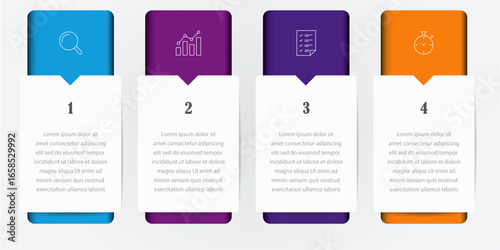 Concept of business model with 4 successive steps - 4 colorful graphic elements - Timeline design for presentation, workflow layout, diagram, annual report, web design - Infographic design layout