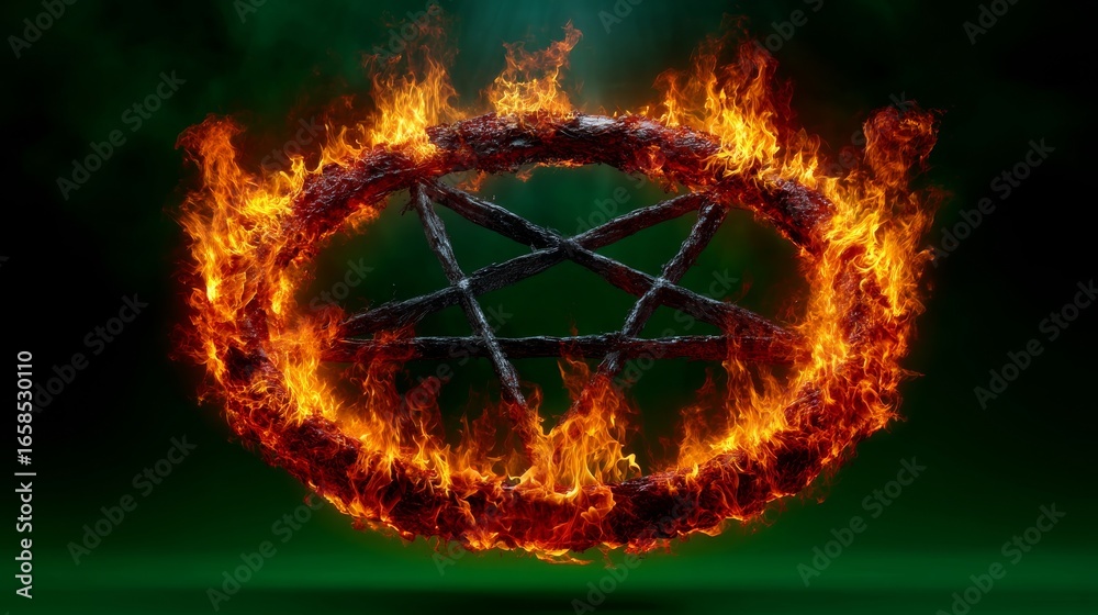 Fototapeta premium Glowing Demonic Pentagram Surrounded by Flames on a Dark Green Background