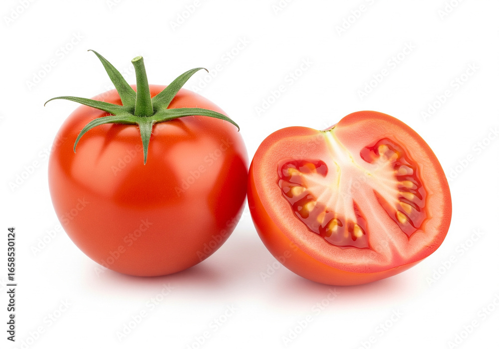 ultra-realistic front view of one whole ripe tomato with green stem next to one halved tomato showing juicy seeds ultra-realistic front view of one whole ripe tomato with green stem next to one halved tomato showing juicy seeds