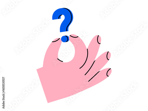 Hand drawn cute cartoon illustration of human hand holding question mark. Flat vector user problem doodle. Seeking for help sticker. Customer ask for advice. Support or service icon. Isolated.
