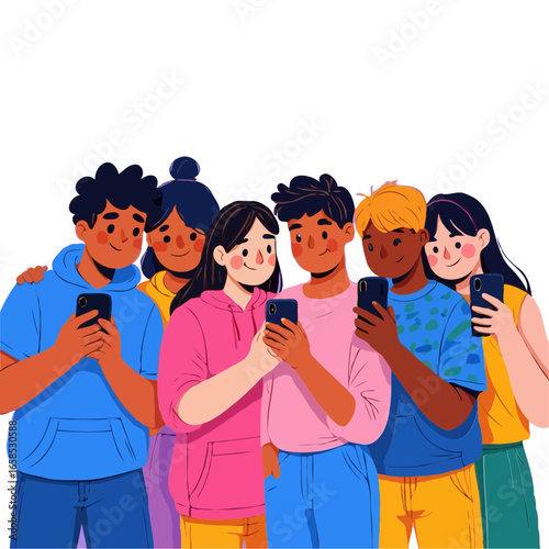 Diverse group of young friends looking at smartphones together