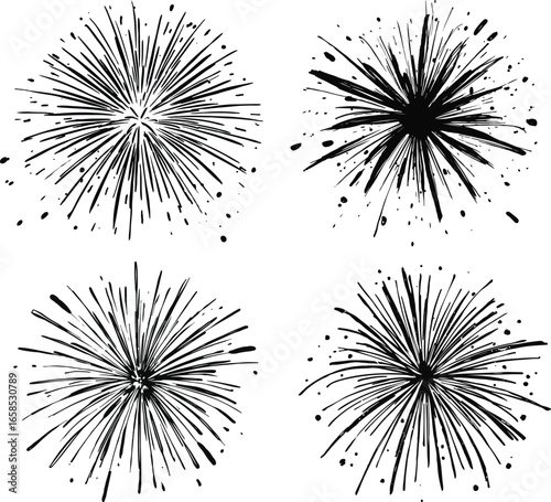 Black and white hand-drawn fireworks vector, minimal doodle ink line art, bold smooth strokes, abstract celebration silhouette, high-quality professional vector illustration