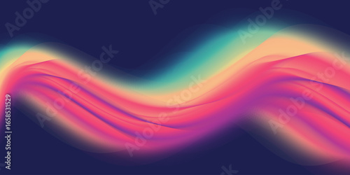 An abstract, colorful wave of light and energy flows across a blue and rainbow patterned backdrop, creating a glowing, dynamic design