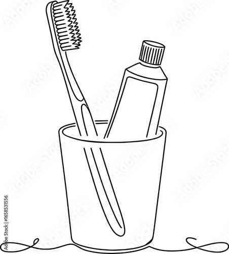 Minimalist line art drawing of a toothbrush and toothpaste in a glass