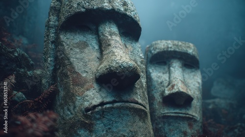 Ancient stone heads submerged, misty