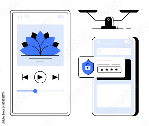 Smartphone displays music app and password entry box with secure lock, backed by scale icon. Ideal for technology, security, mobile devices, data protection, apps, user interface balance. A simple