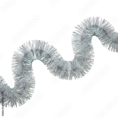 Silver tinsel garland decoration isolated on transparent background for christmas