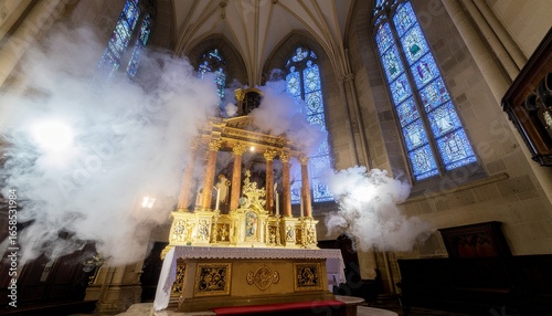 Ornate Golden Altar in Historic Church Filled with Smoke Featuring Stained Glass Windows and Architectural Details Creating a Mysterious and Atmospheric Scene