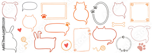 Cat dog pet frame, speech bubble cute set. Hand drawn sketch doodle line style animal pet frame design. Cat, dog paw cute talk speech bubble design. Puppy round footprint badge. Vector stock illustrat