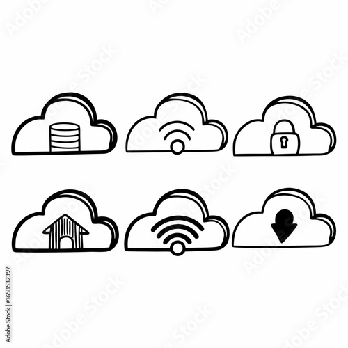 Cloud computing icons representing data storage, security, network, and internet services isolated on white background